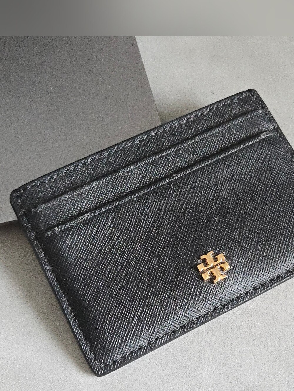 Tory Burch Black Leather Card Holder with Gold Logo